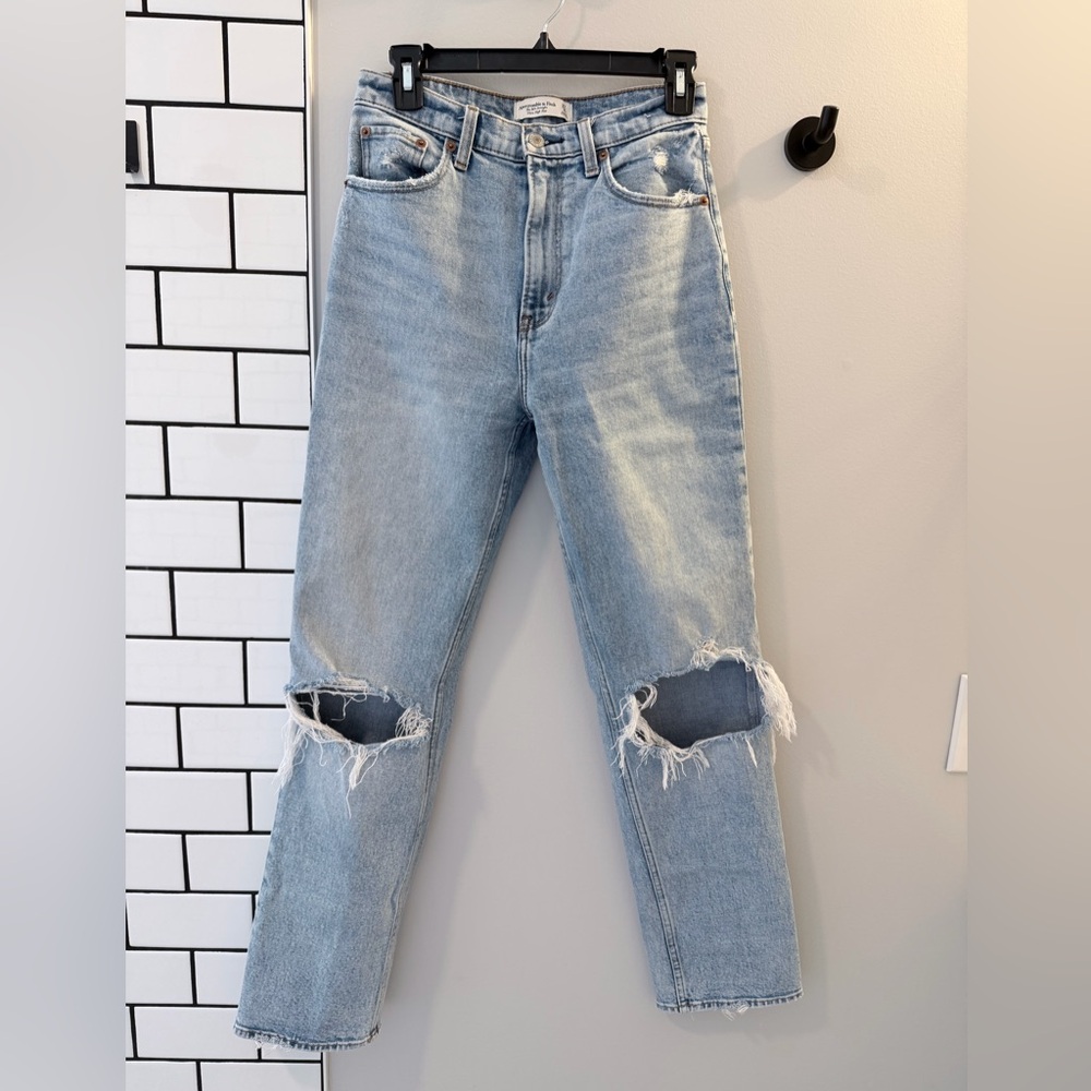 Abercrombie & Fitch Light Blue Ripped Straight Leg Jeans
